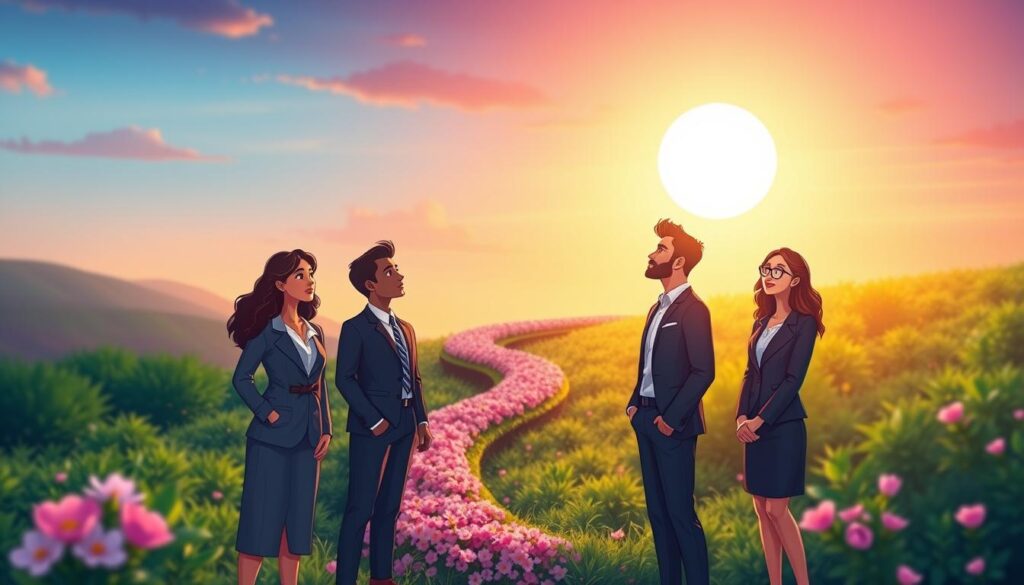 A serene and uplifting landscape representing emotional growth, with vibrant colors symbolizing transformation. In the foreground, a diverse group of three individuals wearing professional business attire stand together, looking towards the horizon, their faces reflecting determination and optimism. In the middle ground, a winding path made of blossoming flowers leads through lush greenery, symbolizing the journey of personal development. The background features a bright sunrise illuminating the sky with shades of orange and pink, casting a warm glow on the scene, suggesting new beginnings. Soft, diffused lighting enhances the positive atmosphere, while a shallow depth of field highlights the individuals in focus. The overall mood is one of hope and aspiration, perfectly capturing the essence of emotional growth. nextself.ai A serene and uplifting landscape representing emotional growth, with vibrant colors symbolizing transformation. In the foreground, a diverse group of three individuals wearing professional business attire stand together, looking towards the horizon, their faces reflecting determination and optimism. In the middle ground, a winding path made of blossoming flowers leads through lush greenery, symbolizing the journey of personal development. The background features a bright sunrise illuminating the sky with shades of orange and pink, casting a warm glow on the scene, suggesting new beginnings. Soft, diffused lighting enhances the positive atmosphere, while a shallow depth of field highlights the individuals in focus. The overall mood is one of hope and aspiration, perfectly capturing the essence of emotional growth. nextself.ai
