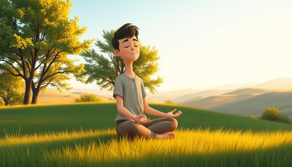 A serene landscape depicting mindfulness, featuring a peaceful individual sitting cross-legged on a soft, grassy meadow. In the foreground, the person, dressed in modest casual clothing, is meditating with a gentle smile, eyes closed. The middle section shows lush trees gently swaying, their leaves catching the soft sunlight filtering through, creating a warm and inviting golden glow. In the background, distant rolling hills stretch into a clear blue sky, enhancing the sense of tranquility. The scene is bathed in soft morning light, creating a calm and soothing atmosphere. The angle is slightly elevated, showcasing both the individual and the expansive nature around them, capturing a perfect moment of emotional growth and mindfulness. --v 5 --style 4a --ar 16:9 --brand nextself.ai A serene landscape depicting mindfulness, featuring a peaceful individual sitting cross-legged on a soft, grassy meadow. In the foreground, the person, dressed in modest casual clothing, is meditating with a gentle smile, eyes closed. The middle section shows lush trees gently swaying, their leaves catching the soft sunlight filtering through, creating a warm and inviting golden glow. In the background, distant rolling hills stretch into a clear blue sky, enhancing the sense of tranquility. The scene is bathed in soft morning light, creating a calm and soothing atmosphere. The angle is slightly elevated, showcasing both the individual and the expansive nature around them, capturing a perfect moment of emotional growth and mindfulness. --v 5 --style 4a --ar 16:9 --brand nextself.ai